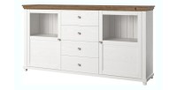 Buffet 180cm avec LED intégrées collection ASSIA. Coloris frêne blanc et chêne. 2 portes et 4 tiroirs.