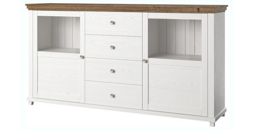 Buffet 180cm avec LED intégrées collection ASSIA. Coloris frêne blanc et chêne. 2 portes et 4 tiroirs.