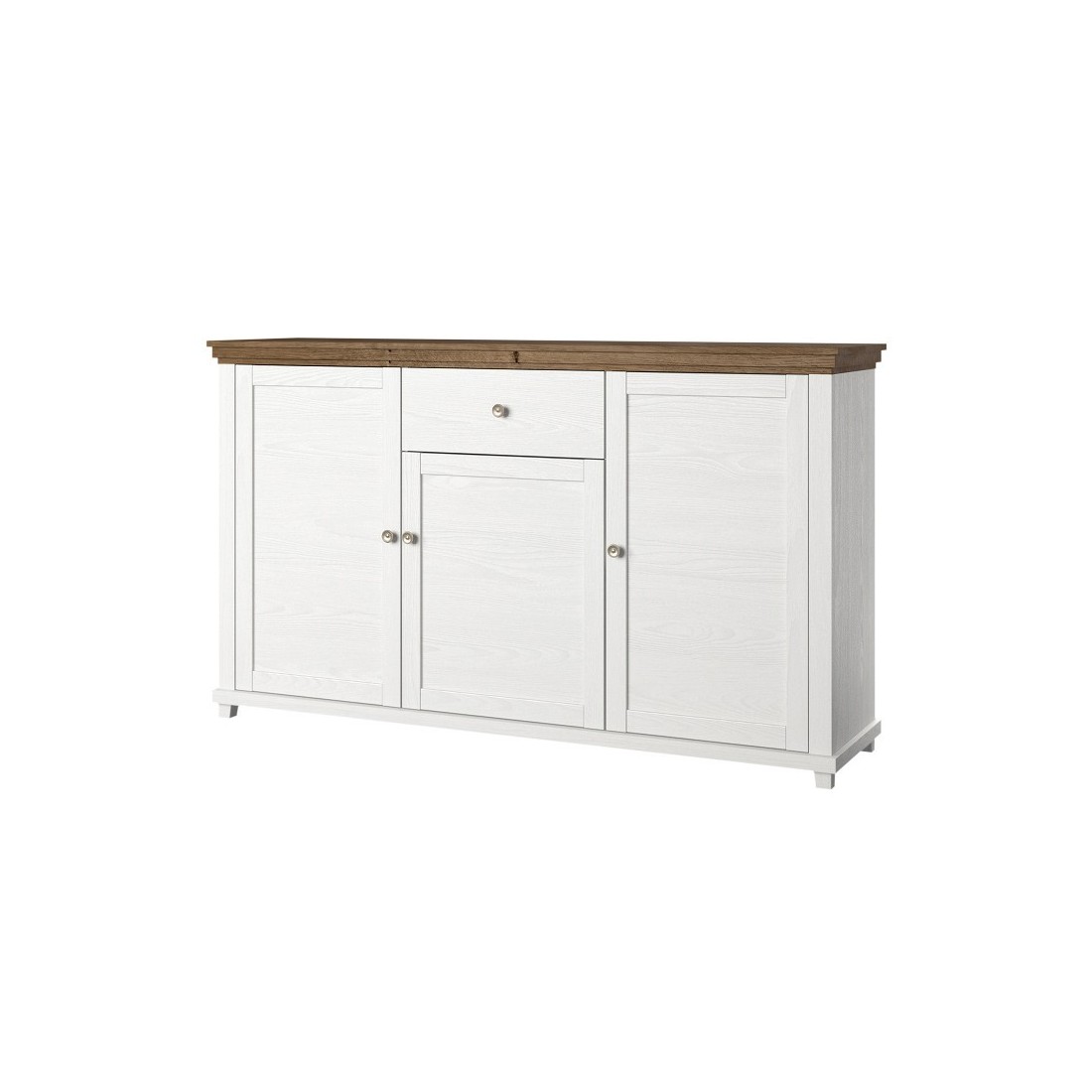 Buffet 160cm avec 3 portes et un tiroir collection ASSIA. Coloris frêne blanc et chêne.