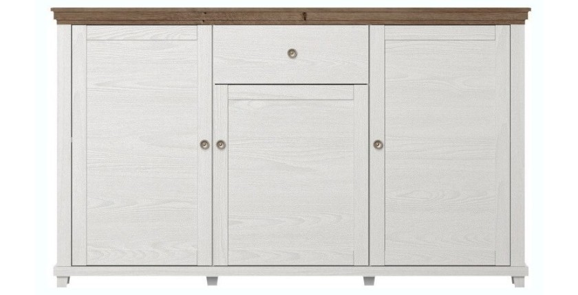 Buffet 160cm avec 3 portes et un tiroir collection ASSIA. Coloris frêne blanc et chêne.
