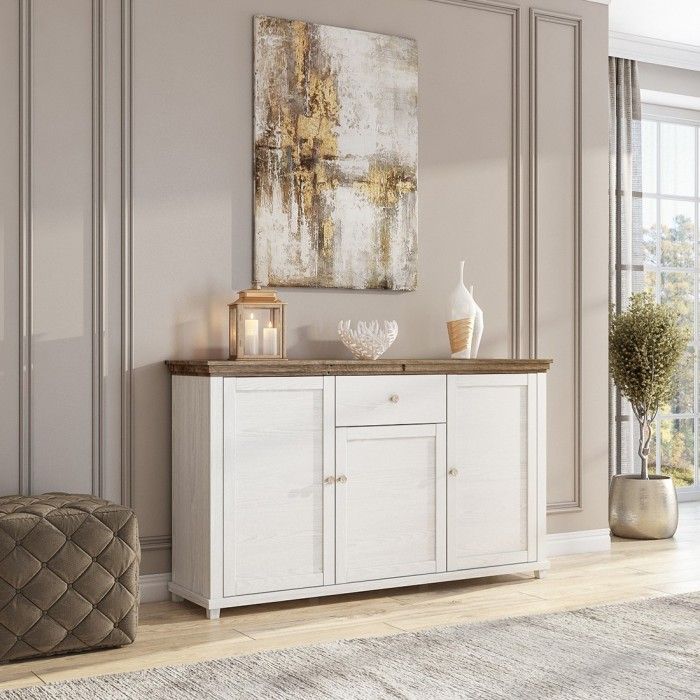 Buffet 160cm avec 3 portes et un tiroir collection ASSIA. Coloris frêne blanc et chêne.