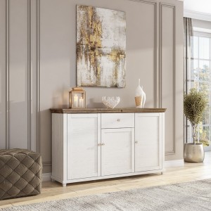 Buffet 160cm avec 3 portes et un tiroir collection ASSIA. Coloris frêne blanc et chêne.