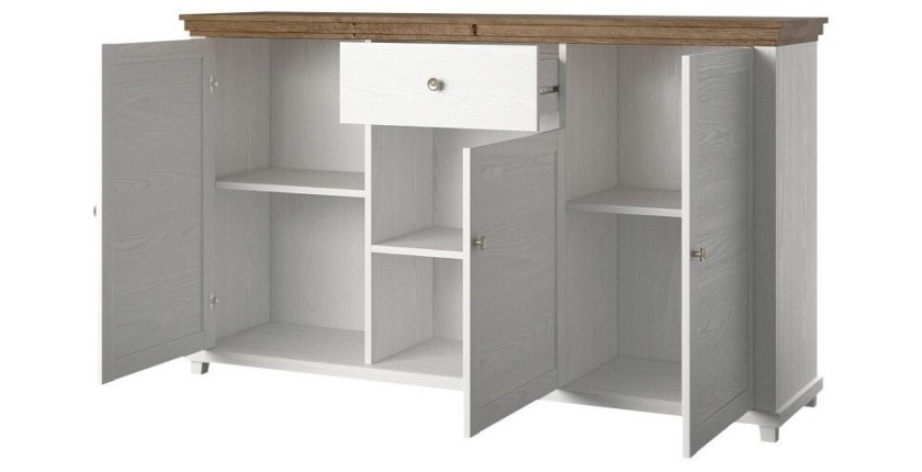 Buffet 160cm avec 3 portes et un tiroir collection ASSIA. Coloris frêne blanc et chêne.