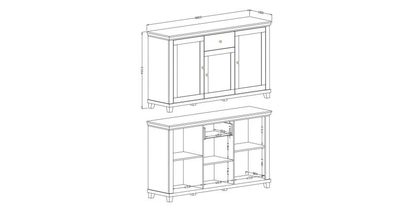 Buffet 160cm avec 3 portes et un tiroir collection ASSIA. Coloris frêne blanc et chêne.
