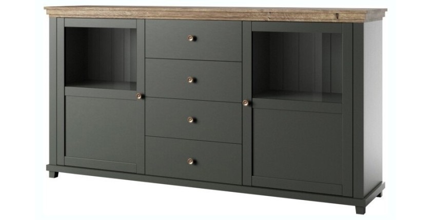 Buffet 180cm avec LED intégrées collection ASSIA. Coloris vert et chêne. 2 portes et 4 tiroirs.