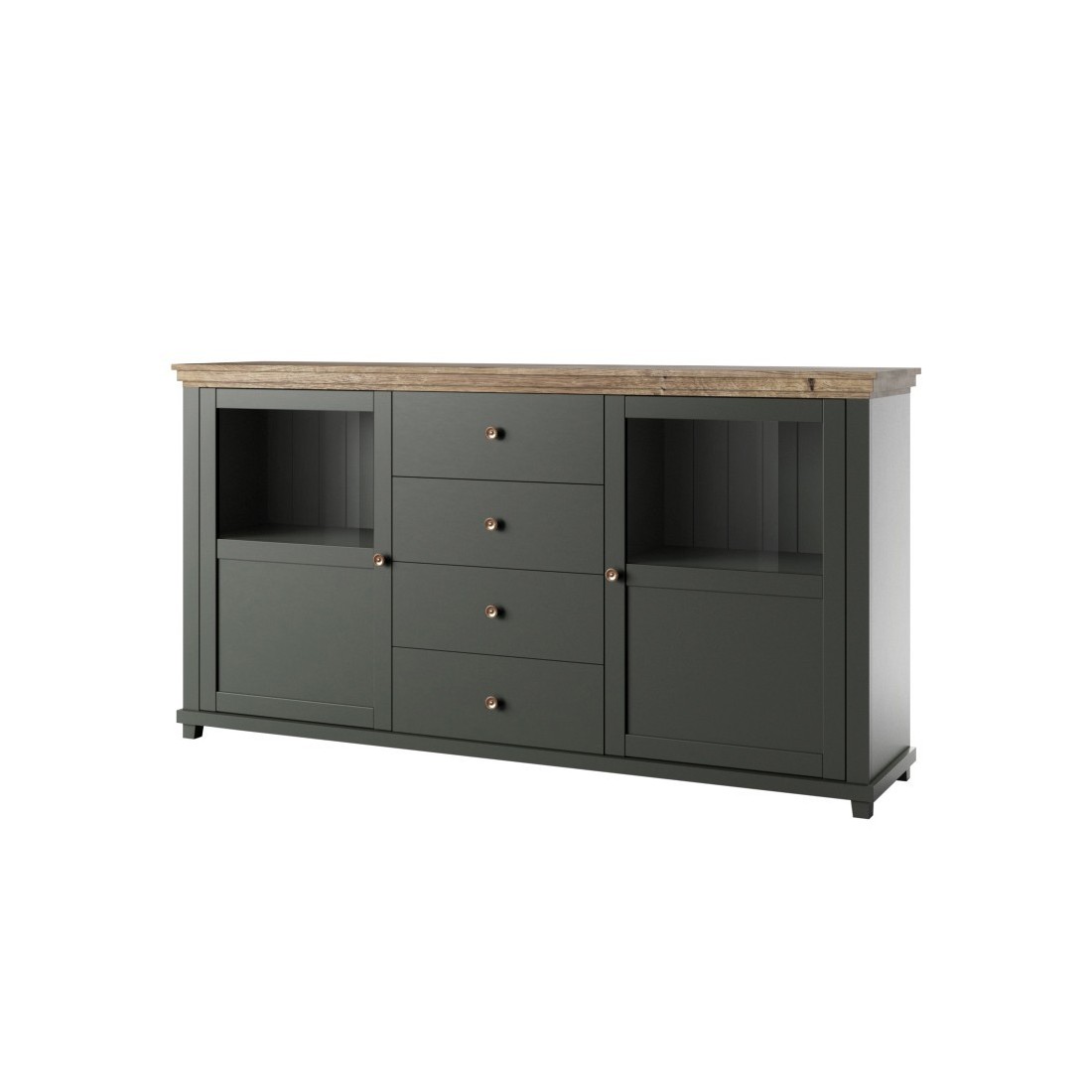 Buffet 180cm avec LED intégrées collection ASSIA. Coloris vert et chêne. 2 portes et 4 tiroirs.