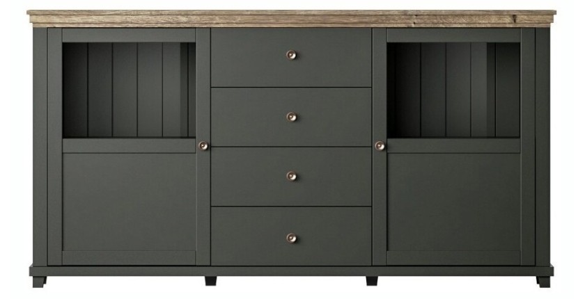 Buffet 180cm avec LED intégrées collection ASSIA. Coloris vert et chêne. 2 portes et 4 tiroirs.