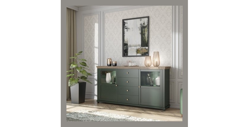 Buffet 180cm avec LED intégrées collection ASSIA. Coloris vert et chêne. 2 portes et 4 tiroirs.