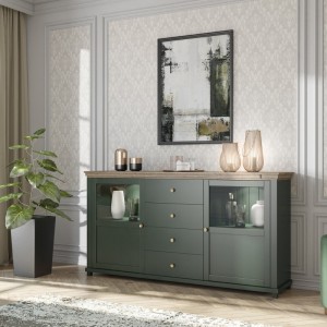 Buffet 180cm avec LED intégrées collection ASSIA. Coloris vert et chêne. 2 portes et 4 tiroirs.
