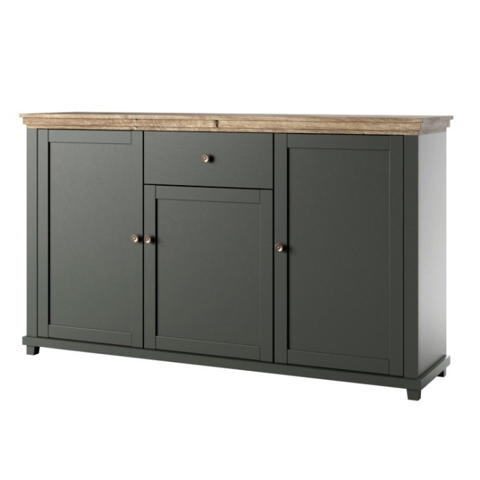 Buffet 160cm avec 3 portes et un tiroir collection ASSIA. Coloris vert et chêne.