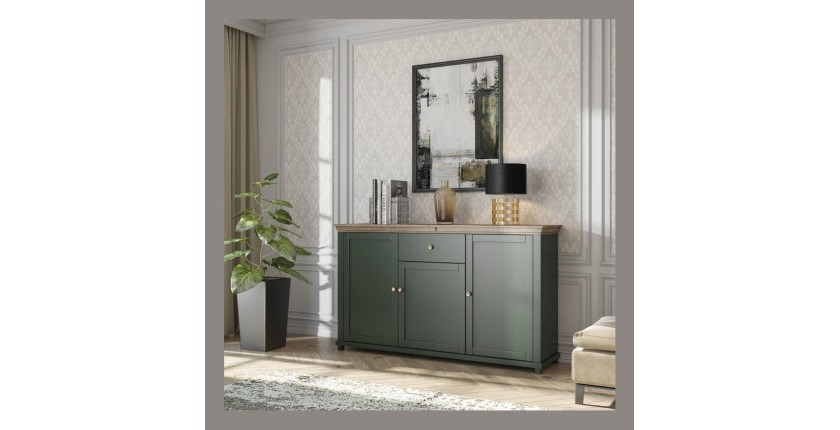 Buffet 160cm avec 3 portes et un tiroir collection ASSIA. Coloris vert et chêne.