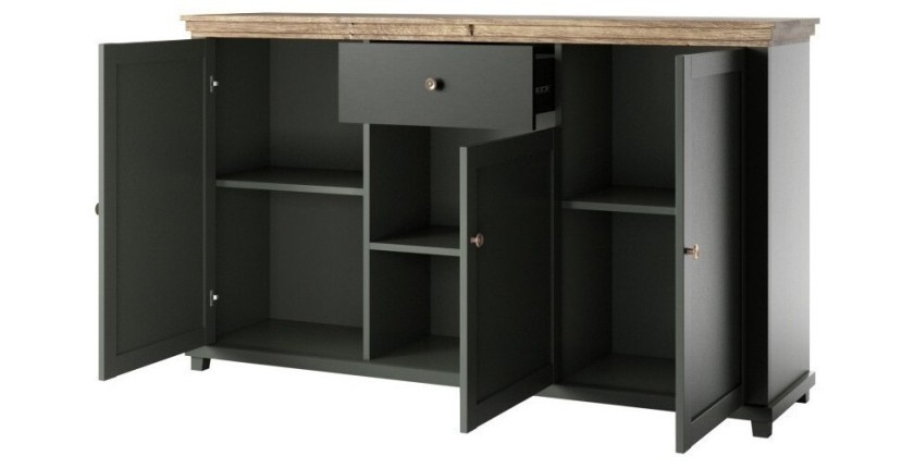 Buffet 160cm avec 3 portes et un tiroir collection ASSIA. Coloris vert et chêne.