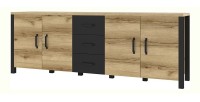 Buffet 220cm collection DARWIN. Couleur chêne clair et noir. 4 portes et 3 tiroirs