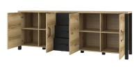 Buffet 220cm collection DARWIN. Couleur chêne clair et noir. 4 portes et 3 tiroirs