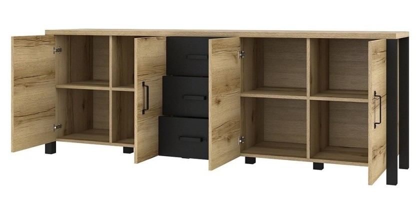 Buffet 220cm collection DARWIN. Couleur chêne clair et noir. 4 portes et 3 tiroirs