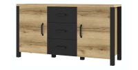Buffet 150cm collection DARWIN. Couleur chêne clair et noir. 2 portes et 3 tiroirs