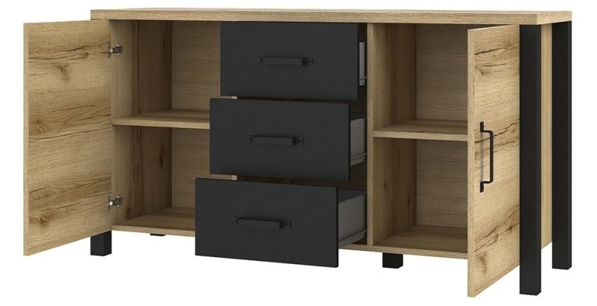 Buffet 150cm collection DARWIN. Couleur chêne clair et noir. 2 portes et 3 tiroirs