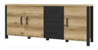 Buffet XL 190cm collection DARWIN. Couleur chêne clair et noir. 3 portes et 3 tiroirs