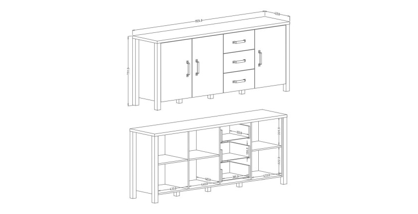 Buffet XL 190cm collection DARWIN. Couleur chêne clair et noir. 3 portes et 3 tiroirs