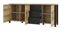 Buffet XL 190cm collection DARWIN. Couleur chêne clair et noir. 3 portes et 3 tiroirs