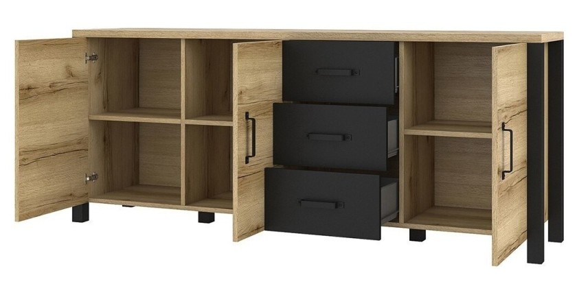 Buffet XL 190cm collection DARWIN. Couleur chêne clair et noir. 3 portes et 3 tiroirs