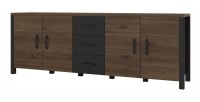 Buffet 220cm collection DARWIN. Couleur chêne foncé et noir. 4 portes et 3 tiroirs