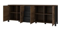 Buffet 220cm collection DARWIN. Couleur chêne foncé et noir. 4 portes et 3 tiroirs