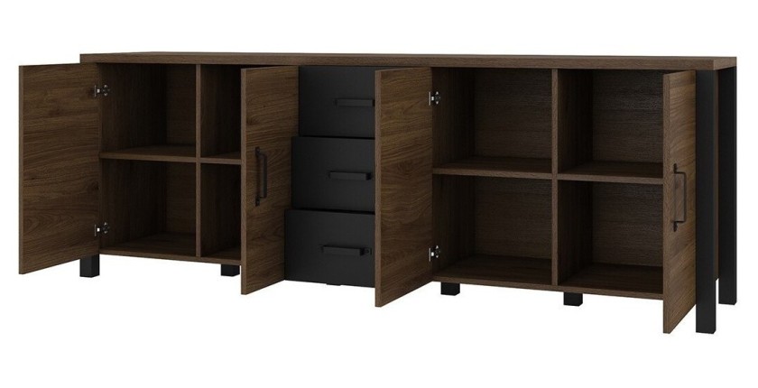 Buffet 220cm collection DARWIN. Couleur chêne foncé et noir. 4 portes et 3 tiroirs