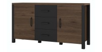 Buffet 150cm collection DARWIN. Couleur chêne foncé et noir. 2 portes et 3 tiroirs