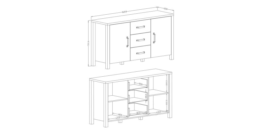 Buffet 150cm collection DARWIN. Couleur chêne foncé et noir. 2 portes et 3 tiroirs