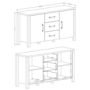 Buffet 150cm collection DARWIN. Couleur chêne foncé et noir. 2 portes et 3 tiroirs
