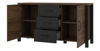 Buffet 150cm collection DARWIN. Couleur chêne foncé et noir. 2 portes et 3 tiroirs