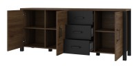 Buffet XL 190cm collection DARWIN. Couleur chêne foncé et noir. 3 portes et 3 tiroirs