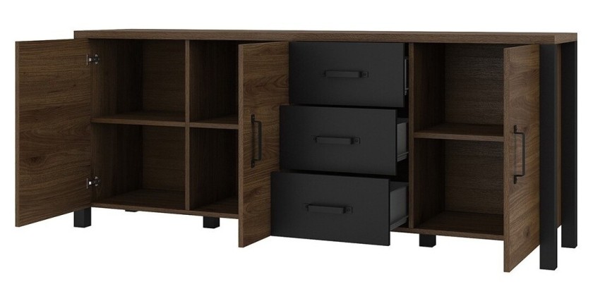 Buffet XL 190cm collection DARWIN. Couleur chêne foncé et noir. 3 portes et 3 tiroirs