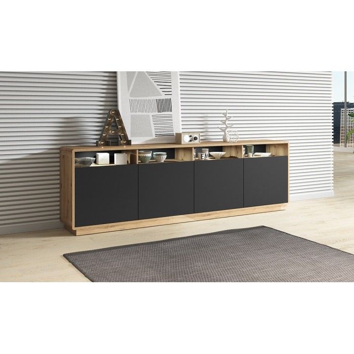 Buffet XL 240cm collection VILLA. Couleur chêne et noir. 4 portes et 4 niches éclairées