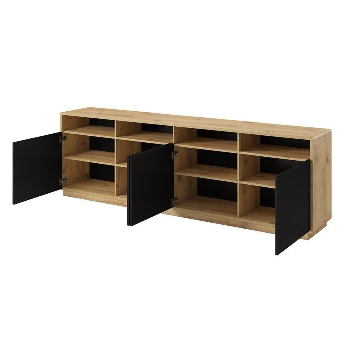 Buffet XL 240cm collection VILLA. Couleur chêne et noir. 4 portes et 4 niches éclairées