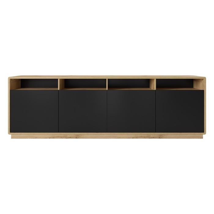 Buffet XL 240cm collection VILLA. Couleur chêne et noir. 4 portes et 4 niches éclairées