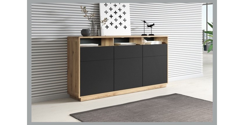 Buffet 180cm collection VILLA. Couleur chêne et noir. LED intégrées
