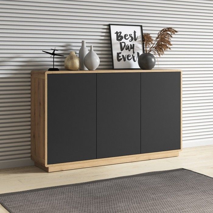 Buffet 3 portes collection VILLA. Couleur chêne et noir mat.