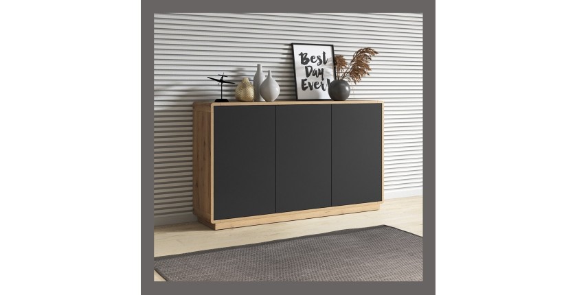 Buffet 3 portes collection VILLA. Couleur chêne et noir mat.