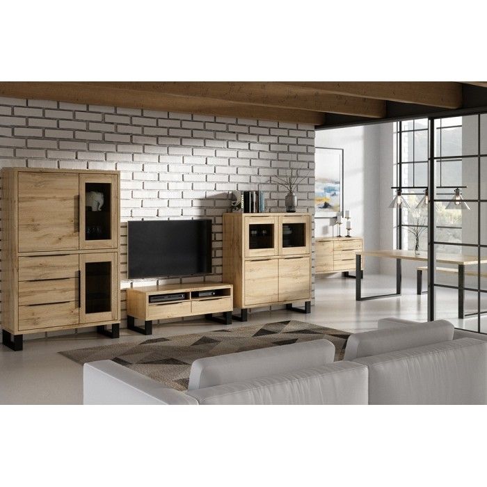 Vaisselier coloris chêne collection MILO. Finition noires. Meuble idéal pour votre salle à manger.