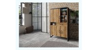 Vaisselier style industriel avec éclairage LED intégrée collection MILO. Coloris épicéa et noir.