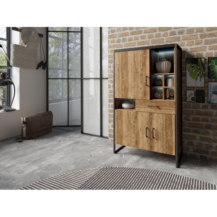 Vaisselier style industriel avec éclairage LED intégrée collection MILO. Coloris épicéa et noir.