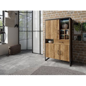 Vaisselier style industriel avec éclairage LED intégrée collection MILO. Coloris épicéa et noir.