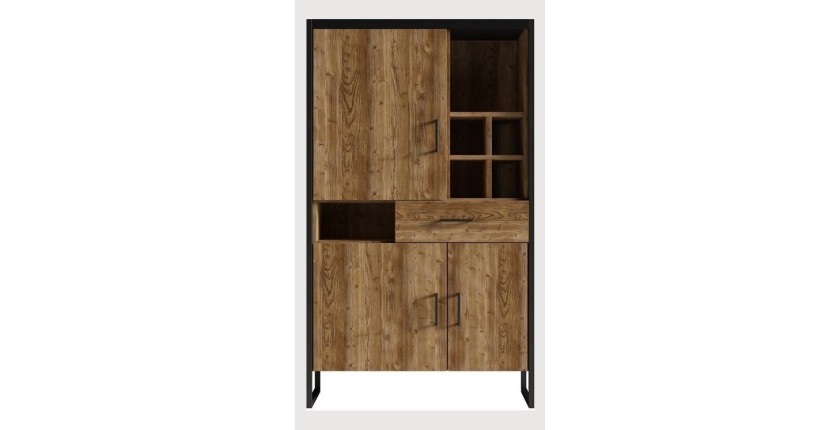 Vaisselier style industriel avec éclairage LED intégrée collection MILO. Coloris épicéa et noir.