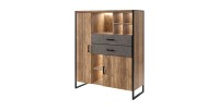 Vaisselier style industriel avec LED intégrées collection ZOLA. Coloris épicéa et gris. 2 Portes et 2 Tiroirs