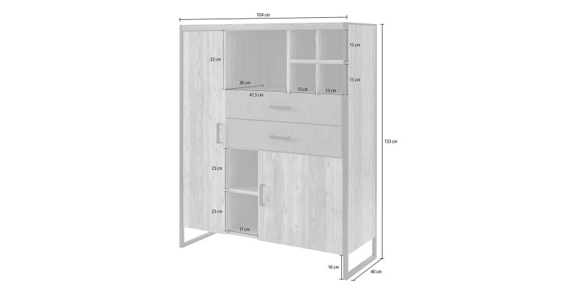 Vaisselier style industriel avec LED intégrées collection ZOLA. Coloris épicéa et gris. 2 Portes et 2 Tiroirs