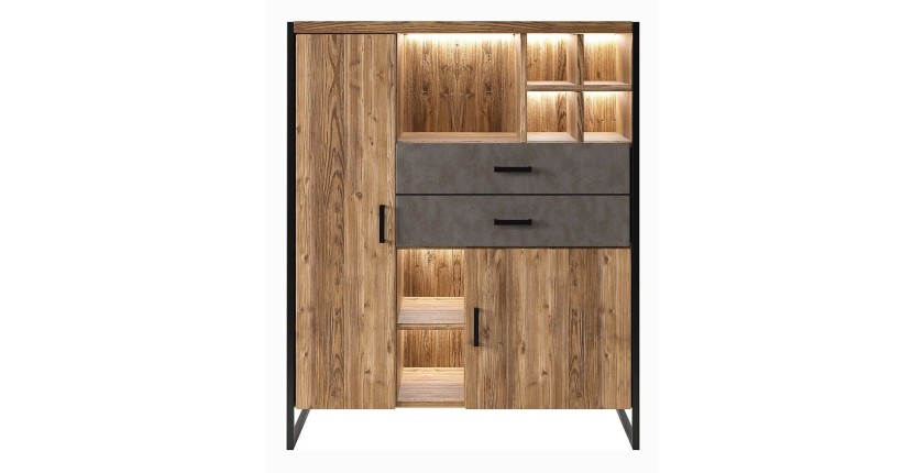 Vaisselier style industriel avec LED intégrées collection ZOLA. Coloris épicéa et gris. 2 Portes et 2 Tiroirs