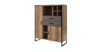 Vaisselier style industriel avec LED intégrées collection ZOLA. Coloris épicéa et gris. 2 Portes et 2 Tiroirs