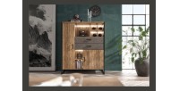 Vaisselier style industriel avec LED intégrées collection ZOLA. Coloris épicéa et gris. 2 Portes et 2 Tiroirs